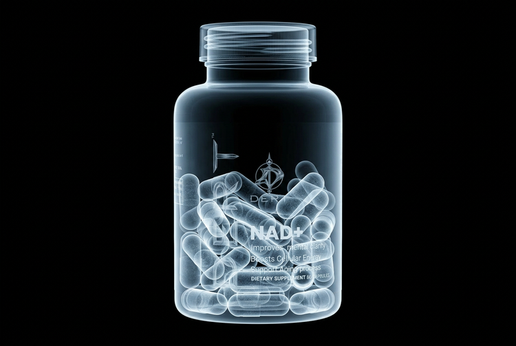 X-ray view of the DERT NAD+ supplement bottle showing the capsules inside