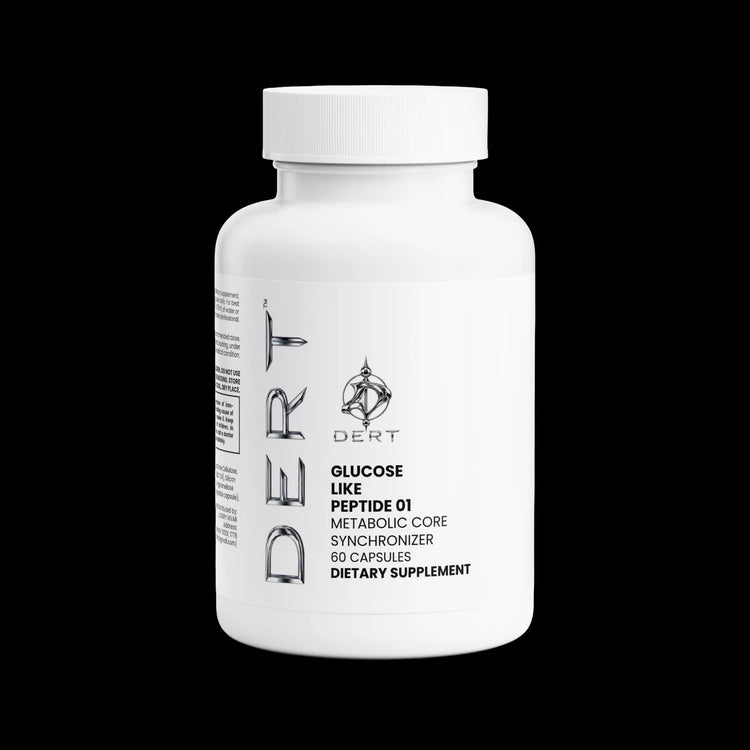 A white plastic bottle of DERT Glucose Like Peptide 01 dietary supplement, 60 capsules, shown on a clean white background.