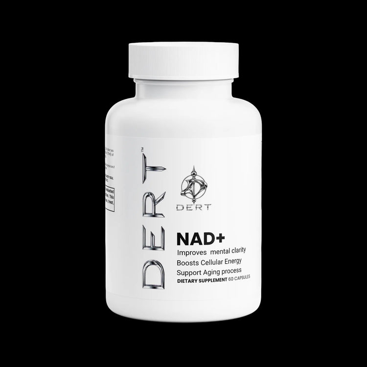 A white plastic bottle of DERT NAD+ dietary supplement capsules, featuring a clean white label with black text and a white ribbed cap, set against a plain white background.
