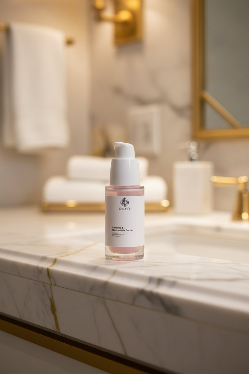 Skincare bottle labeled 'Aurelia' on a brown background with natural wood elements.