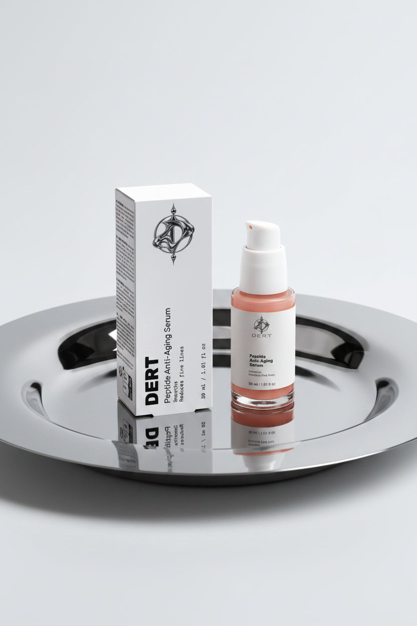 DERT Peptide Anti-Aging Serum in a clear bottle with a white pump, shown next to its white packaging box on a light gray background.