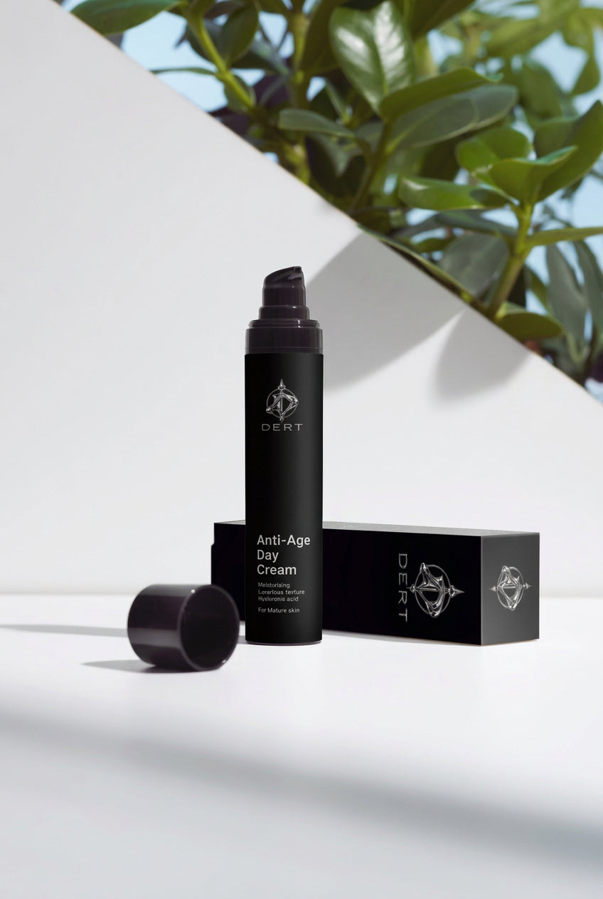 A black cylindrical bottle and matching black rectangular box of DERT Anti-Age Day Cream, displayed on a white surface with soft shadows and green foliage in the background.