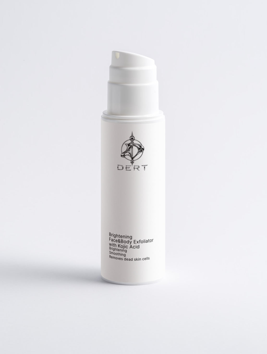 A white cylindrical skincare pump bottle with a black logo and text reading 'DERT Brightening Facial Exfoliator' on a clean white background.