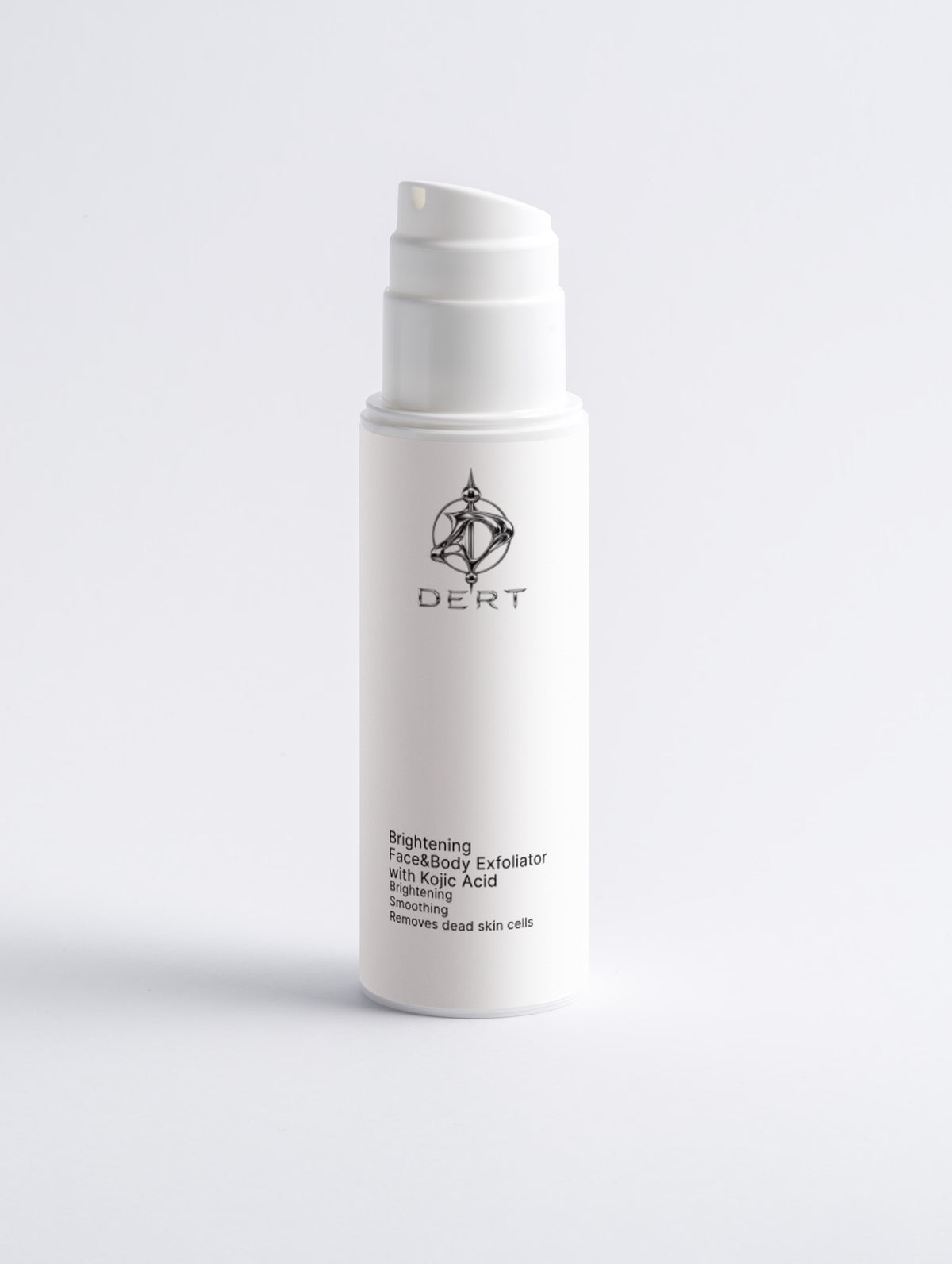 A white cylindrical skincare pump bottle with a black logo and text reading 'DERT Brightening Facial Exfoliator' on a clean white background.