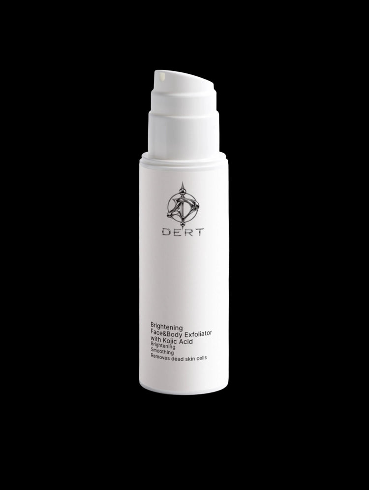 AKojic Acid Exfoliator white cylindrical skincare pump bottle with a black logo and text reading 'DERT Brightening Facial Exfoliator' on a clean white background.