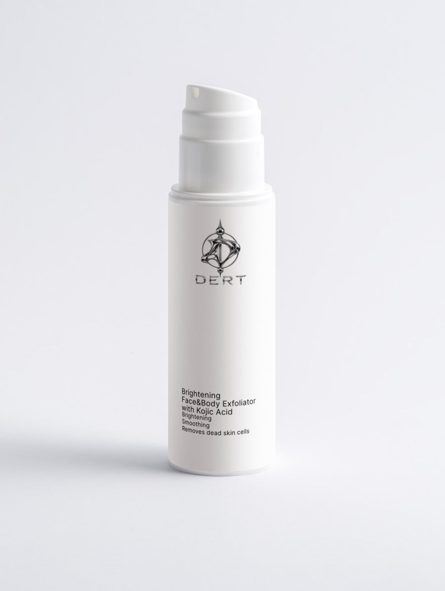 A white cylindrical skincare pump bottle with a black logo and text reading 'DERT Brightening Facial Exfoliator' on a clean white background.