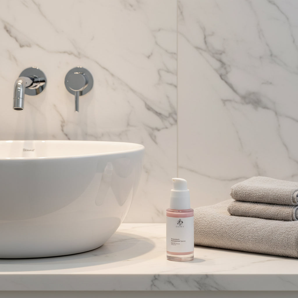 A small bottle of facial cleanser with a white pump and a pink label sits on a bathroom counter beside a rolled cream towel, a wooden brush, and a bar of soap against a tiled wall.