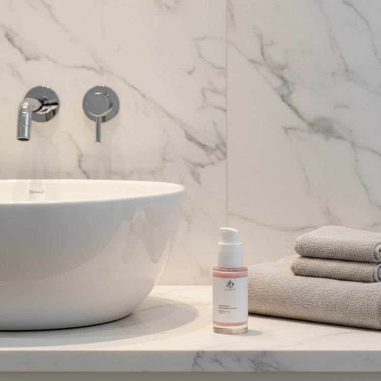 Exosome Niacinamide Serum A small bottle of facial cleanser with a white pump and a pink label sits on a bathroom counter beside a rolled cream towel, a wooden brush, and a bar of soap against a tiled wall.