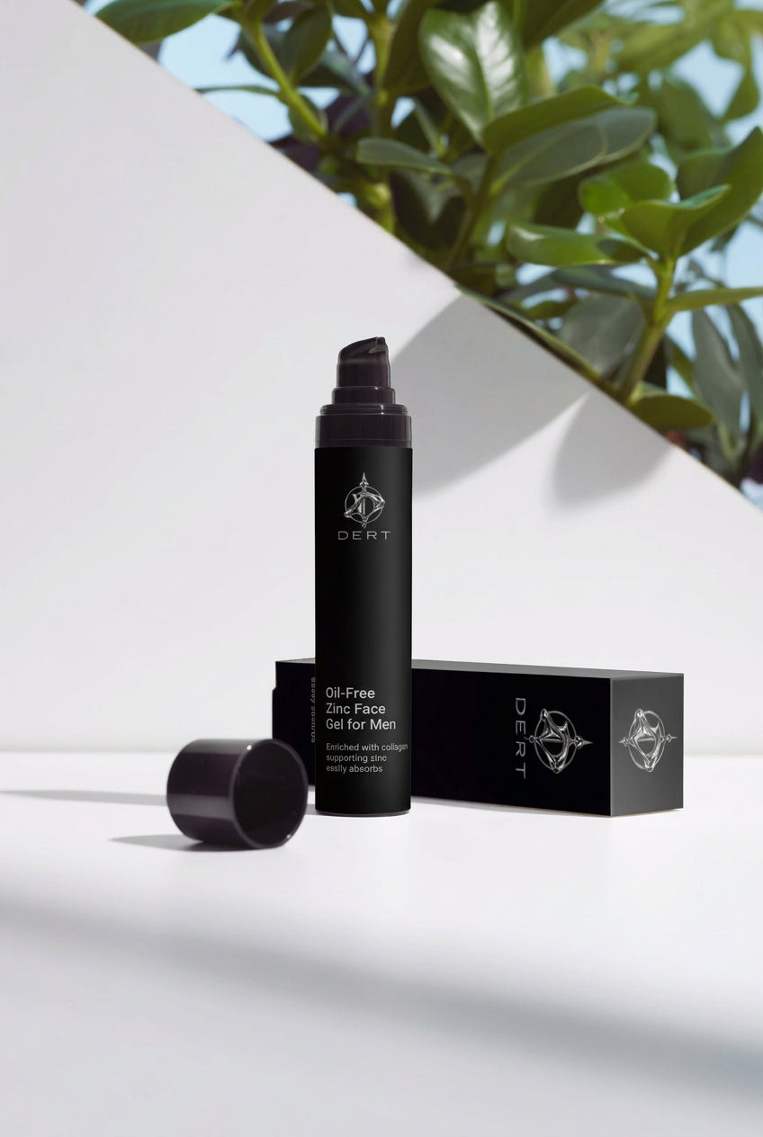 A black cylindrical pump bottle labeled 'Oil-Free Dry Skin Gel for Men' stands next to its matching black box and detached cap on a white surface. The background features a diagonal white panel with green leaves and blue sky visible in the upper right, overlaid with repeated 'selfnamed' watermarks.