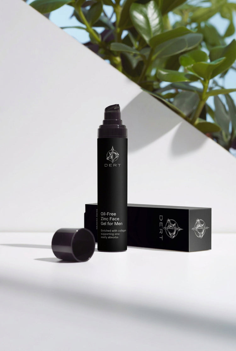 A black cylindrical pump bottle labeled 'Oil-Free Dry Skin Gel for Men' stands next to its matching black box and detached cap on a white surface. The background features a diagonal white panel with green leaves and blue sky visible in the upper right, overlaid with repeated 'selfnamed' watermarks.
