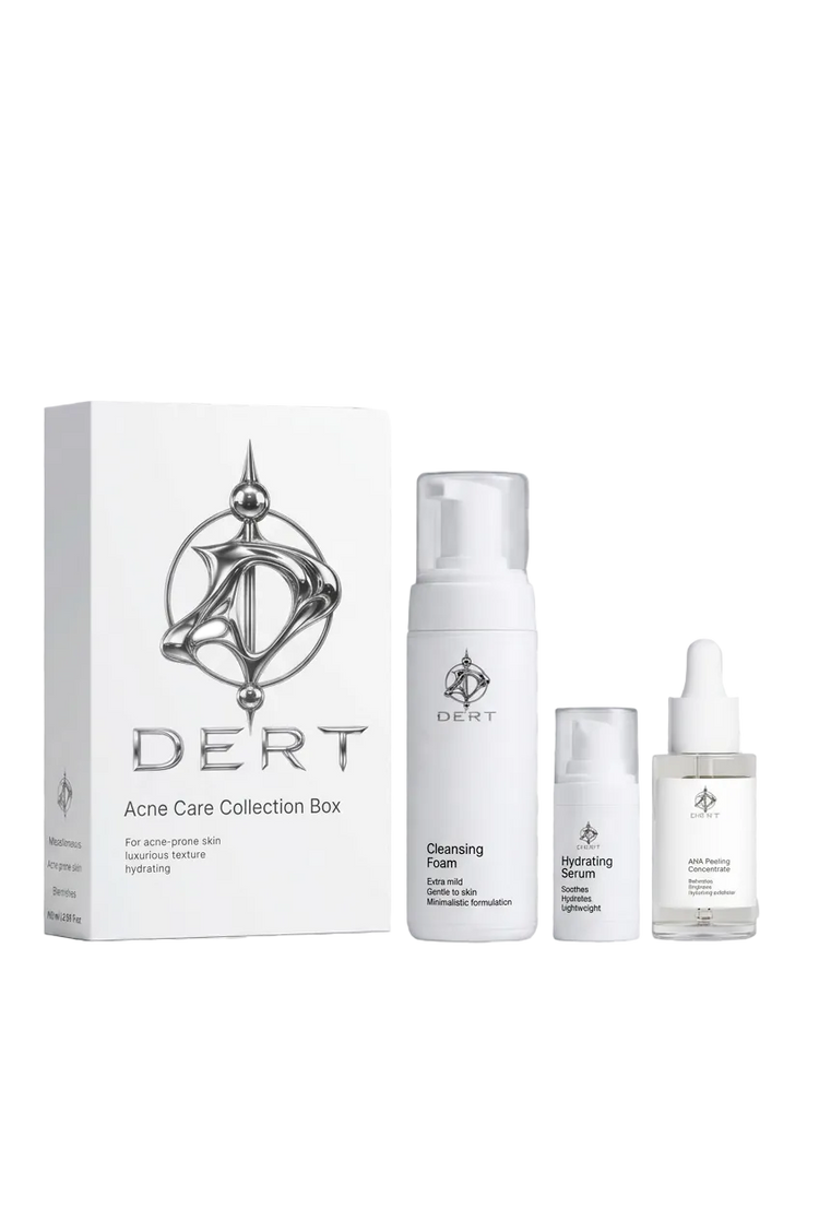 DERT Acne Care Collection Box with cleanser, smaller serum and AHA dropper arranged on the right