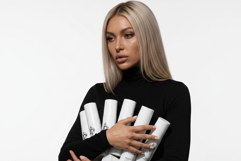 A woman with blonde hair wearing a black long-sleeve mini dress and black knee-high boots, holding a cluster of white cylindrical cosmetic tubes against a plain light gray studio background.