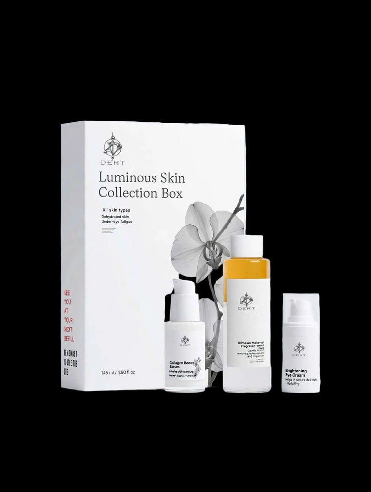 DEET Luminous Skin Collection Box set with three skincare bottles and a box, displayed on a clean white background.