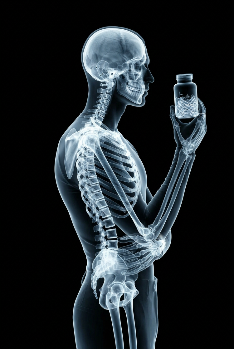 X-ray of a model in profile holding a DERT supplement bottle
