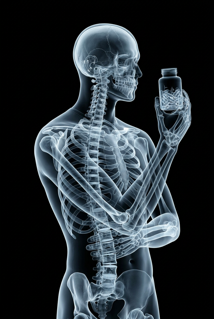 X-ray of a model's torso and arm raising a DERT supplement bottle