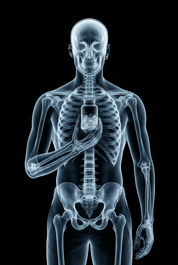 Full-figure X-ray of a model facing forward, holding a DERT supplement bottle against his chest