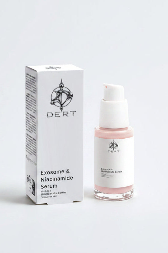 A bottle of Dert Exosome & Niacinamide Serum next to its white packaging box, set against a clean light gray background.