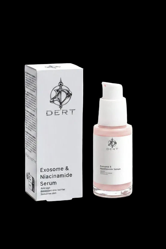 Exosome Niacinamide Serum A bottle of Dert Exosome & Niacinamide Serum next to its white packaging box, set against a clean light gray background.