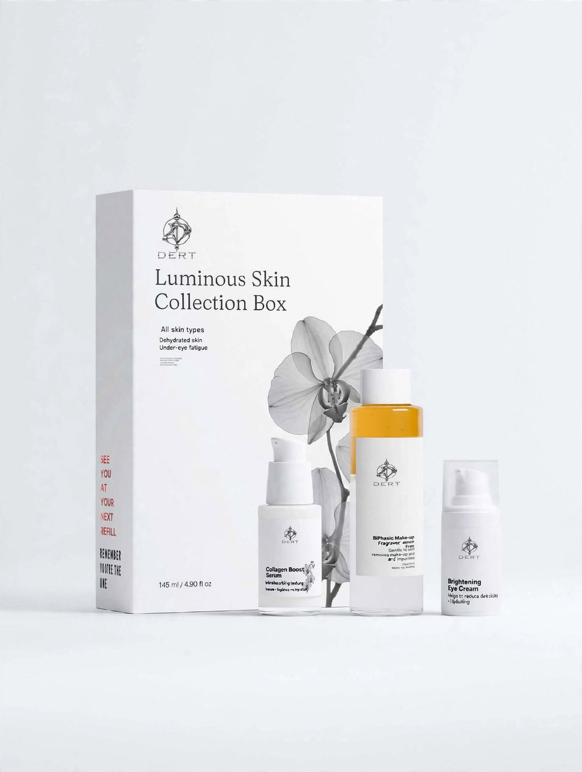 DEET Luminous Skin Collection Box set with three skincare bottles and a box, displayed on a clean white background.