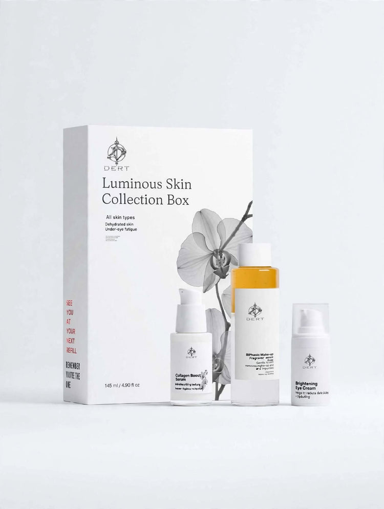 DEET Luminous Skin Collection Box set with three skincare bottles and a box, displayed on a clean white background.