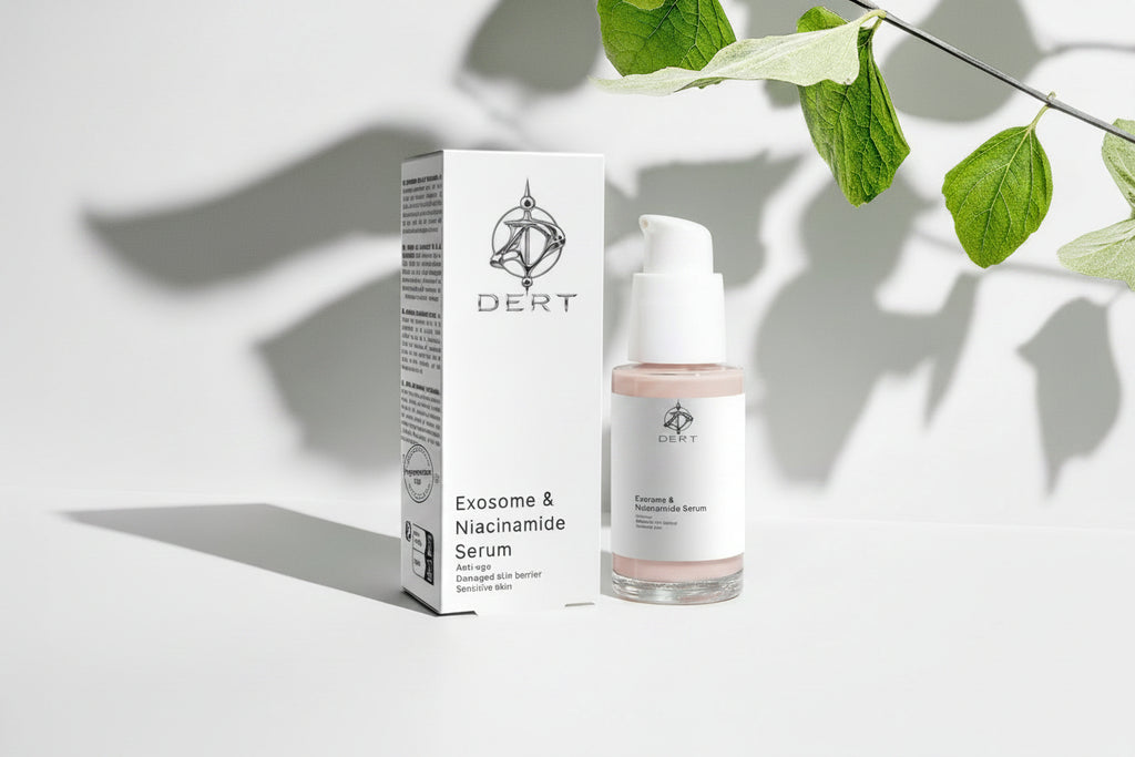 DERT Exosome & Niacinamide Serum bottle with its white packaging box, styled with green leaves on a light gray background with leaf shadows.
