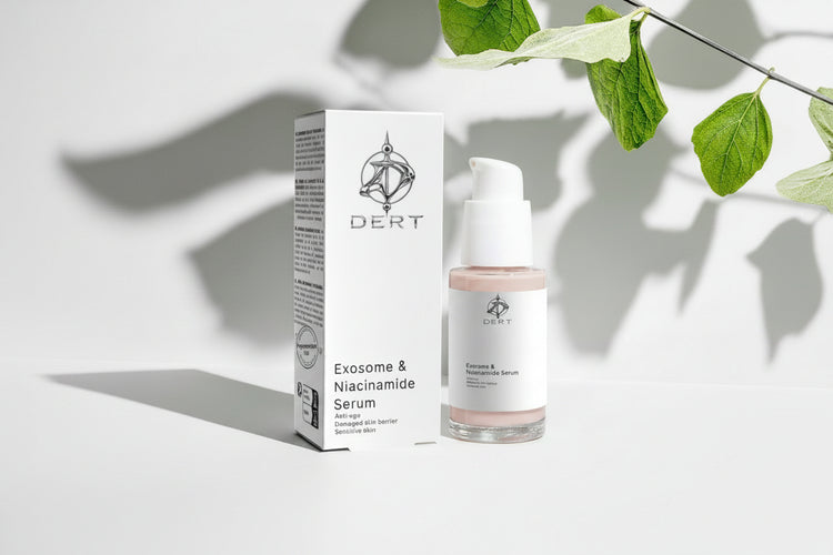 Exosome Niacinamide Serum DERT Exosome & Niacinamide Serum bottle with its white packaging box, styled with green leaves on a light gray background with leaf shadows.